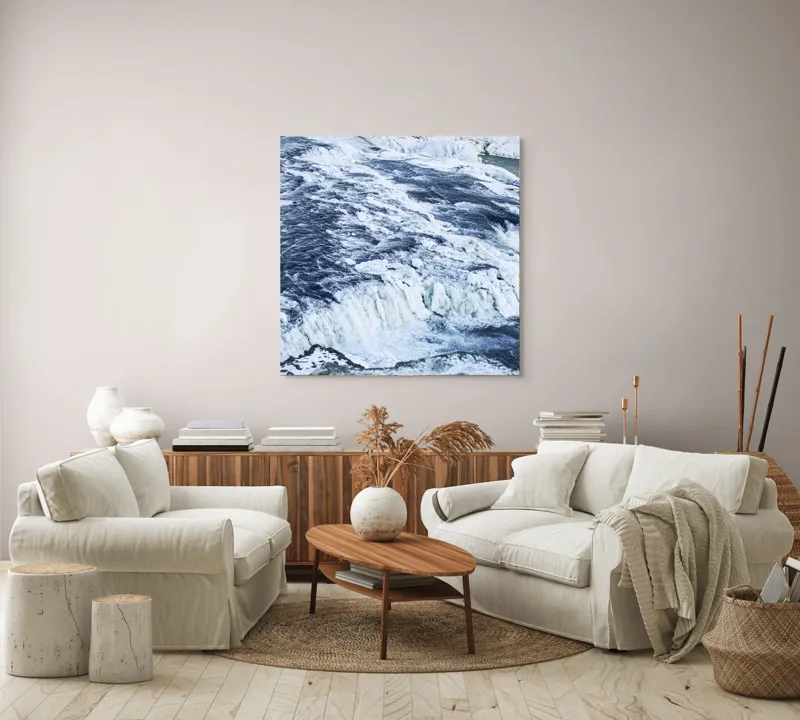 Tablou Canvas, "Căderea apei înghețate în iarnă", Apă, Cascadă, Gheață, Iarnă, Vâltoare, Natură, Albastru, Răcoritor, 100 x 100 cm – poza 3