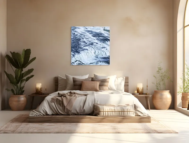 Tablou Canvas, "Căderea apei înghețate în iarnă", Apă, Cascadă, Gheață, Iarnă, Vâltoare, Natură, Albastru, Răcoritor, 100 x 100 cm – poza 4