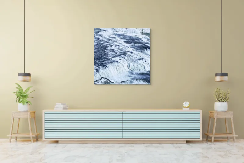 Tablou Canvas, "Căderea apei înghețate în iarnă", Apă, Cascadă, Gheață, Iarnă, Vâltoare, Natură, Albastru, Răcoritor, 100 x 100 cm – poza 5