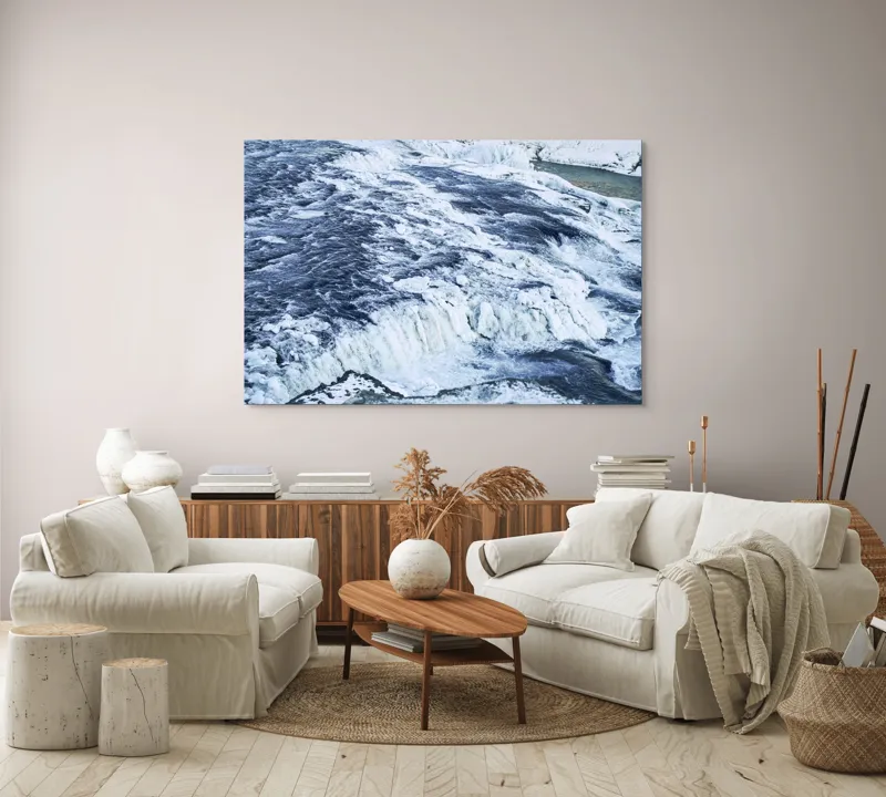Tablou Canvas, "Căderea apei înghețate în iarnă", Apă, Cascadă, Gheață, Iarnă, Vâltoare, Natură, Albastru, Răcoritor, 150 x 100 cm – poza 3