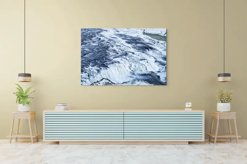 Tablou Canvas, "Căderea apei înghețate în iarnă", Apă, Cascadă, Gheață, Iarnă, Vâltoare, Natură, Albastru, Răcoritor, 150 x 100 cm – poza 6
