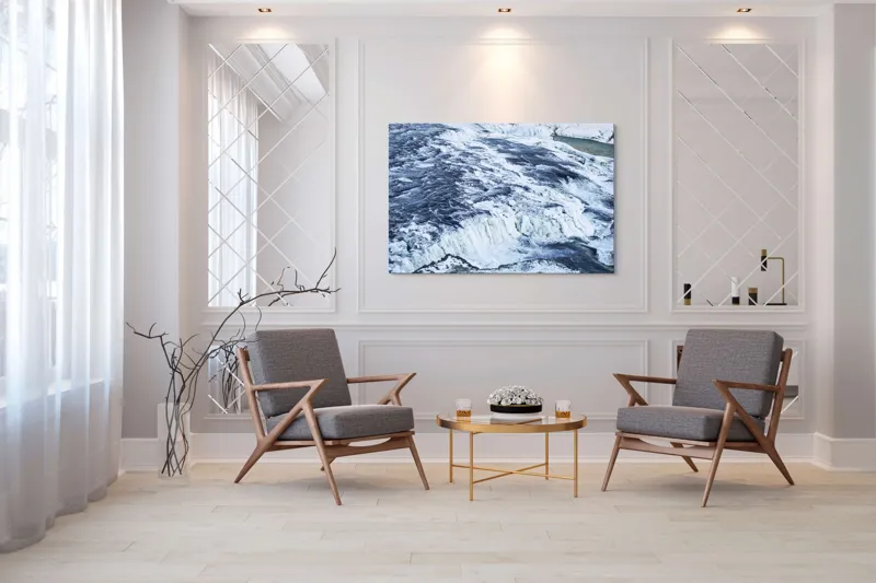 Tablou Canvas, "Căderea apei înghețate în iarnă", Apă, Cascadă, Gheață, Iarnă, Vâltoare, Natură, Albastru, Răcoritor, 150 x 100 cm – poza 7