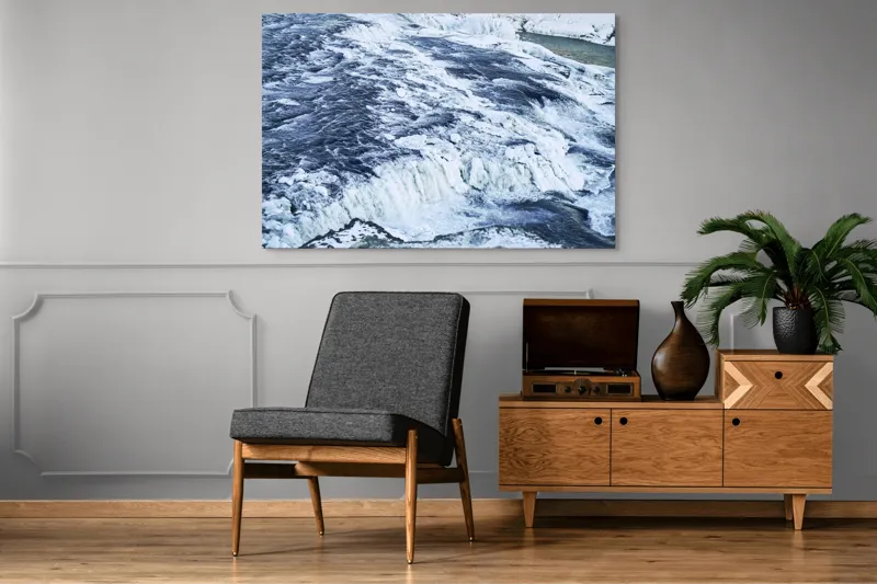 Tablou Canvas, "Căderea apei înghețate în iarnă", Apă, Cascadă, Gheață, Iarnă, Vâltoare, Natură, Albastru, Răcoritor, 150 x 100 cm – poza 8