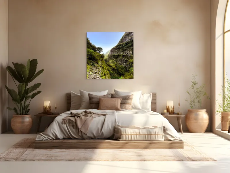 Tablou Canvas, "Drumul dintre stânci înverzite ale muntelui", Natură, Munți, Vegetație, Cer, Stânci, Cărare, Peisaj, Aventură, 100 x 100 cm – poza 4