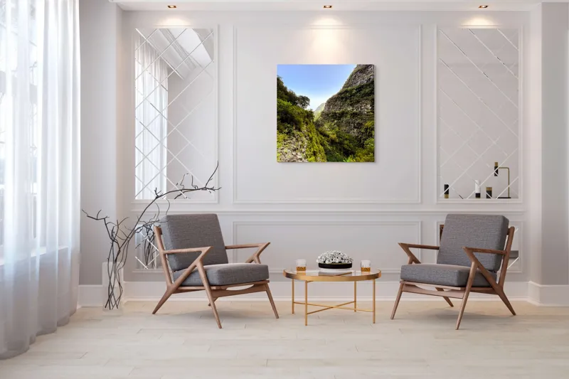Tablou Canvas, "Drumul dintre stânci înverzite ale muntelui", Natură, Munți, Vegetație, Cer, Stânci, Cărare, Peisaj, Aventură, 100 x 100 cm – poza 7