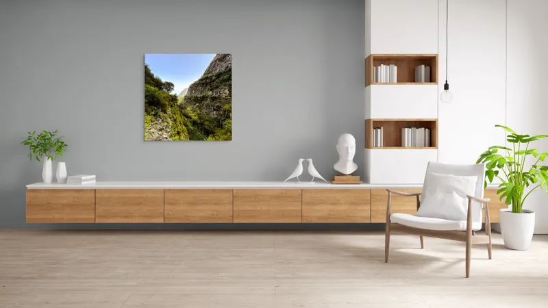 Tablou Canvas, "Drumul dintre stânci înverzite ale muntelui", Natură, Munți, Vegetație, Cer, Stânci, Cărare, Peisaj, Aventură, 100 x 100 cm – poza 8