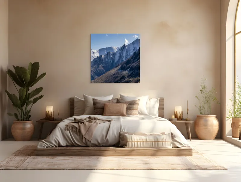 Tablou Canvas, "Vârful munților în lumina dimineții", Munți, Zăpadă, Creste, Cer, Nori, Pădure, Peisaj, Lumină, Natură, Înălțime., 100 x 100 cm – poza 4