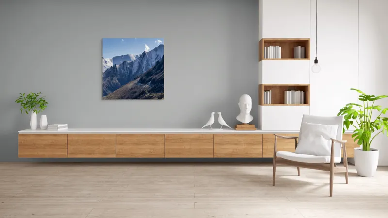 Tablou Canvas, "Vârful munților în lumina dimineții", Munți, Zăpadă, Creste, Cer, Nori, Pădure, Peisaj, Lumină, Natură, Înălțime., 100 x 100 cm – poza 8