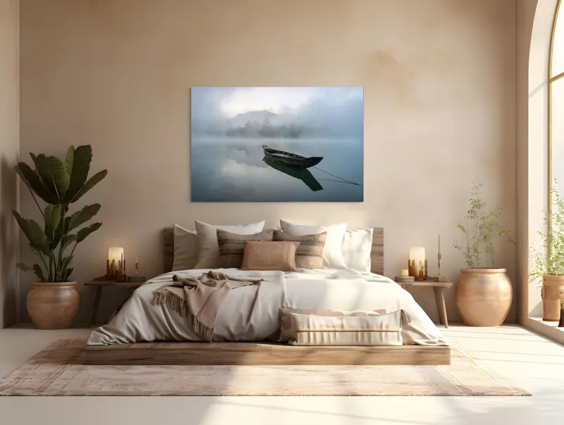 Tablou Canvas, "Barca solitară pe lacul învăluit în ceață", Barcă, Ceață, Liniște, Reflecție, Singurătate, 150 x 100 cm – poza 4