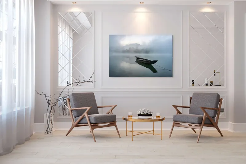 Tablou Canvas, "Barca solitară pe lacul învăluit în ceață", Barcă, Ceață, Liniște, Reflecție, Singurătate, 150 x 100 cm – poza 7