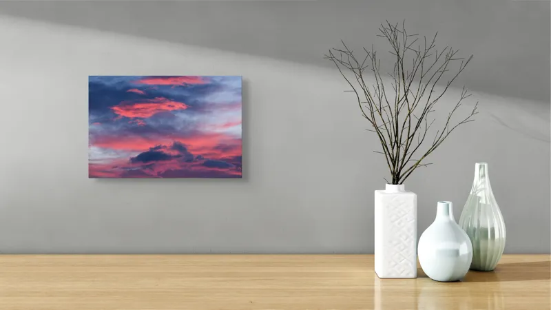 Tablou Canvas, "Apus de foc în amurgul cerului", Roz, Albastru, Nor, Apus, Dramatic, Cer, Magie, Contrast, Umbre, Lumină, 39 x 26 cm – poza 8