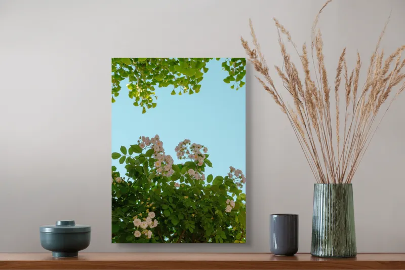 Tablou Canvas, "Flori delicate sub cer senin", Flori, Frunze, Cer, Verde, Albastru, Primăvară, Natură, Delicat, Liniște, 39 x 54 cm – poza 3