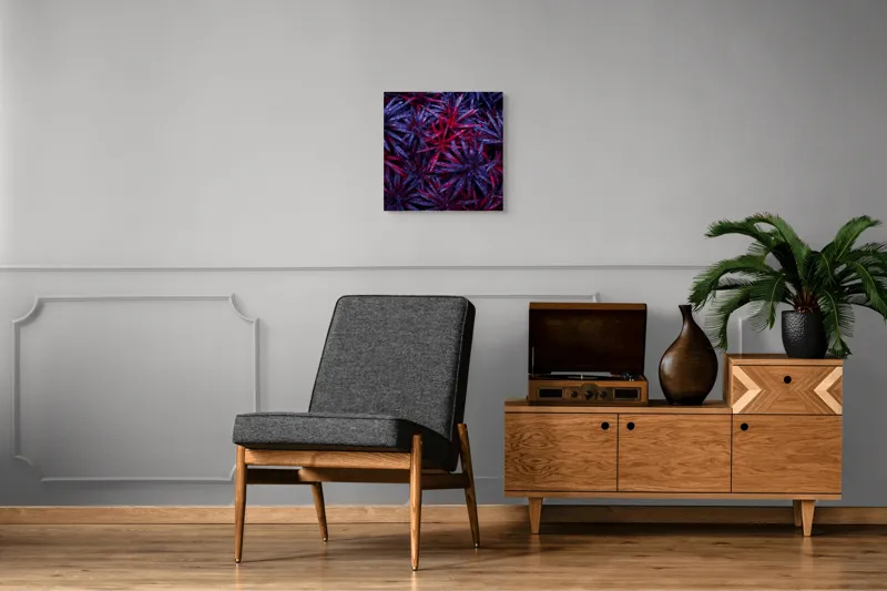 Tablou Canvas, "Frumusețea plină de culoare a naturii", Picături, Frunze, Roșu, Mov, Textură, Contrast, Natură, Apă, Vegetație, Umbre, 50 x 50 cm – poza 6