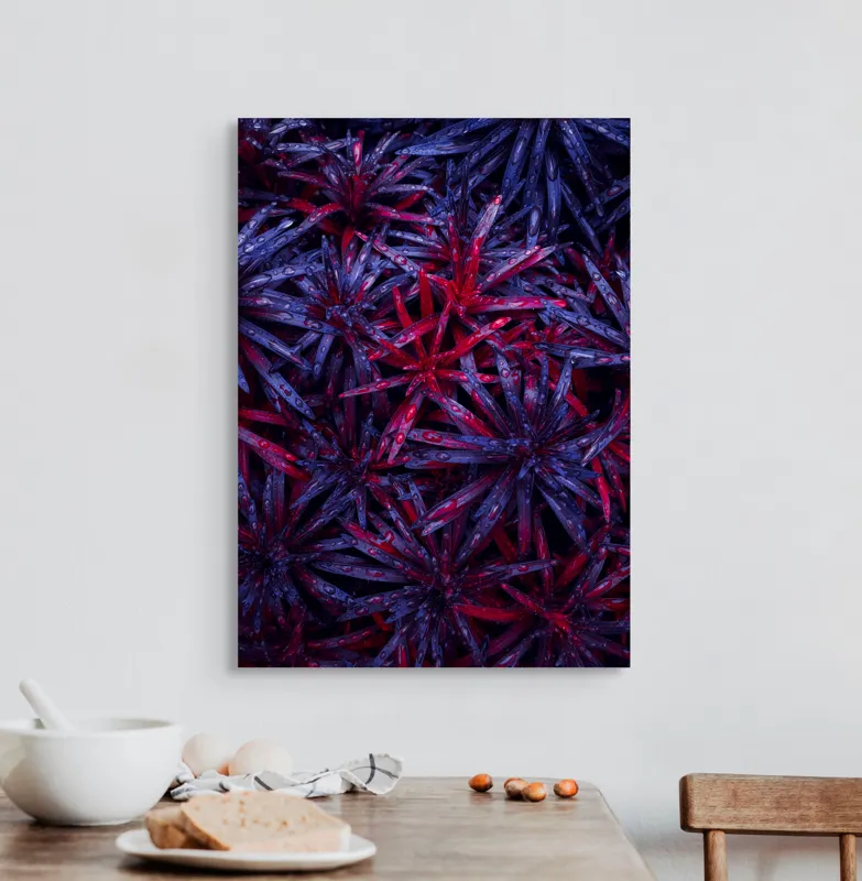 Tablou Canvas, "Frumusețea plină de culoare a naturii", Picături, Frunze, Roșu, Mov, Textură, Contrast, Natură, Apă, Vegetație, Umbre, 50 x 70 cm – poza 3