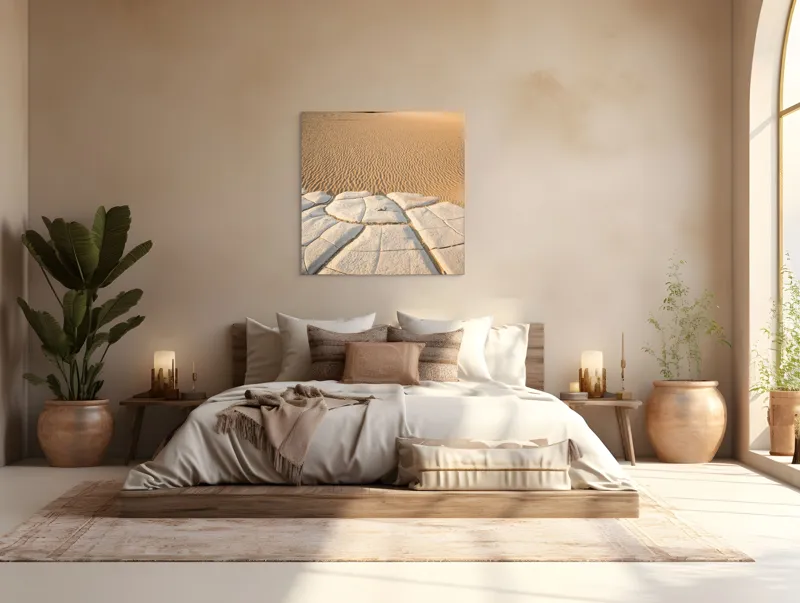 Tablou Canvas, "Căldură arzătoare în deșertul vast", Deșert, Dune, Singurătate, Arbuști, Crăpături, Textură, Liniște, Ariditate, 100 x 100 cm – poza 4