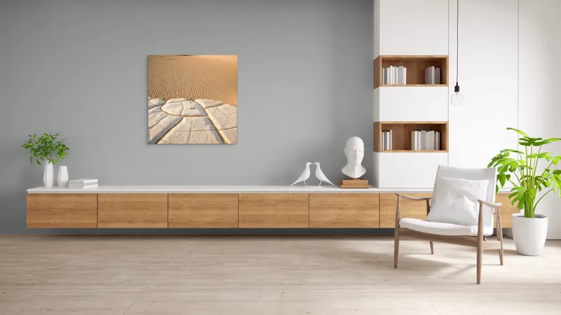 Tablou Canvas, "Căldură arzătoare în deșertul vast", Deșert, Dune, Singurătate, Arbuști, Crăpături, Textură, Liniște, Ariditate, 100 x 100 cm – poza 8