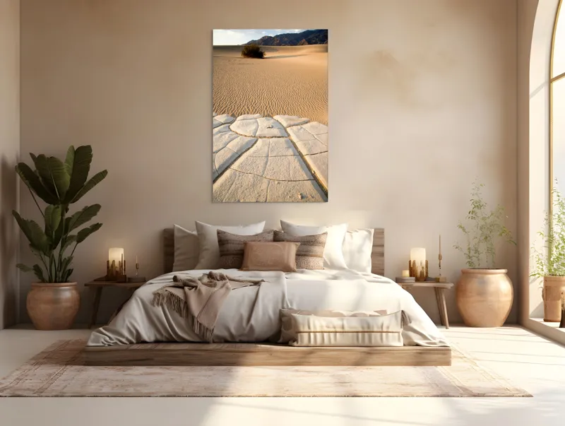 Tablou Canvas, "Căldură arzătoare în deșertul vast", Deșert, Dune, Singurătate, Arbuști, Crăpături, Textură, Liniște, Ariditate, 100 x 150 cm – poza 3
