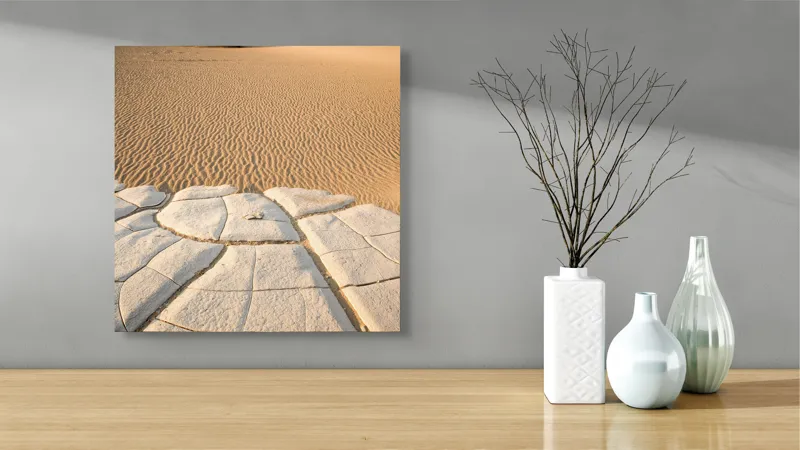 Tablou Canvas, "Căldură arzătoare în deșertul vast", Deșert, Dune, Singurătate, Arbuști, Crăpături, Textură, Liniște, Ariditate, 50 x 50 cm – poza 3