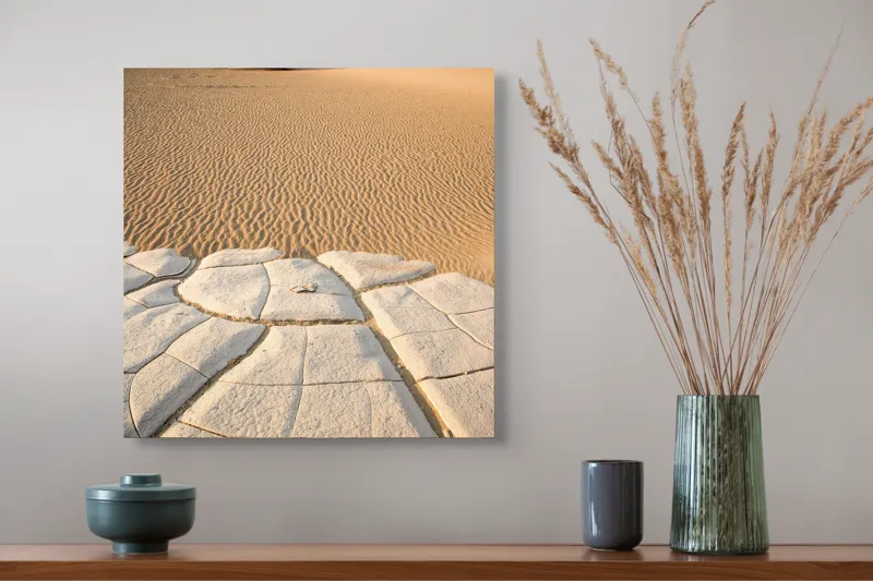 Tablou Canvas, "Căldură arzătoare în deșertul vast", Deșert, Dune, Singurătate, Arbuști, Crăpături, Textură, Liniște, Ariditate, 50 x 50 cm – poza 4