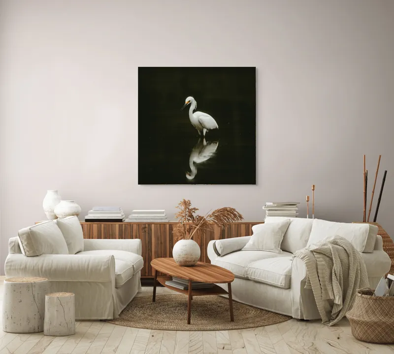 Tablou Canvas, "Egreta în liniștea nopții", Elegant, Reflecție, Serinătate, Natură, Simplitate, Liniște, Gratie, Păsare, Apă, Răgaz, 100 x 100 cm – poza 3