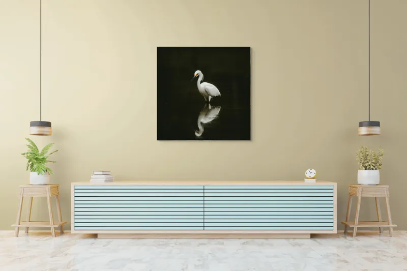 Tablou Canvas, "Egreta în liniștea nopții", Elegant, Reflecție, Serinătate, Natură, Simplitate, Liniște, Gratie, Păsare, Apă, Răgaz, 100 x 100 cm – poza 5