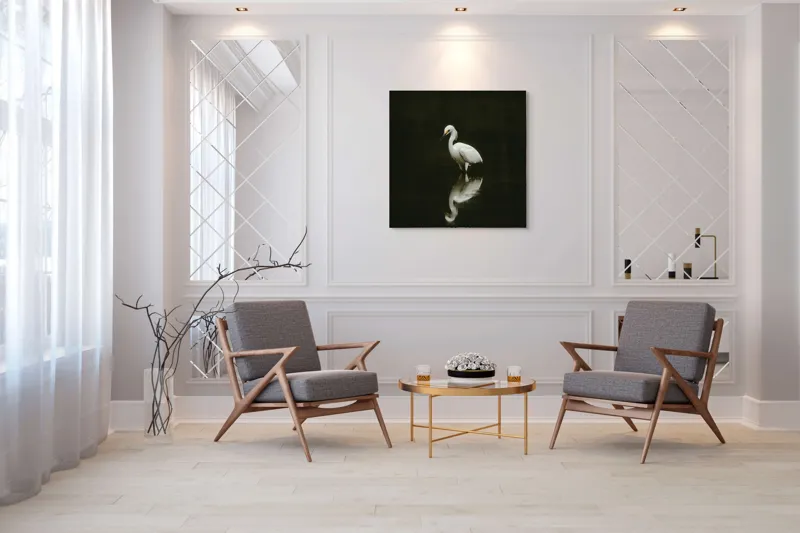 Tablou Canvas, "Egreta în liniștea nopții", Elegant, Reflecție, Serinătate, Natură, Simplitate, Liniște, Gratie, Păsare, Apă, Răgaz, 100 x 100 cm – poza 7