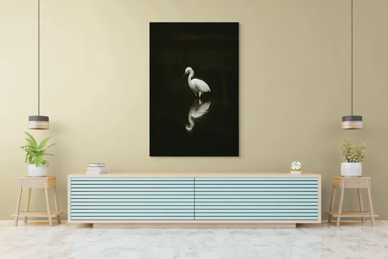 Tablou Canvas, "Egreta în liniștea nopții", Elegant, Reflecție, Serinătate, Natură, Simplitate, Liniște, Gratie, Păsare, Apă, Răgaz, 100 x 150 cm – poza 4