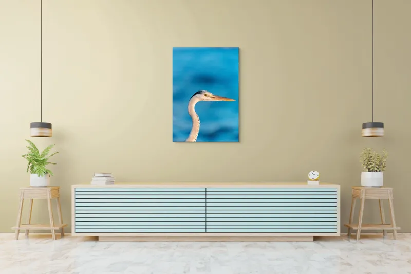 Tablou Canvas, "Privirea grațioasă a stârcului albastru", Pasăre, Albastru, Cioc, Apă, Cer, Eleganță, Natură, 70 x 100 cm – poza 5