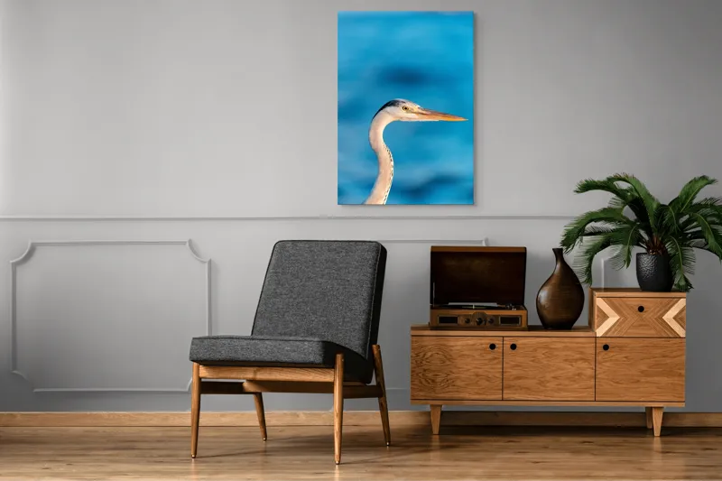 Tablou Canvas, "Privirea grațioasă a stârcului albastru", Pasăre, Albastru, Cioc, Apă, Cer, Eleganță, Natură, 70 x 100 cm – poza 6