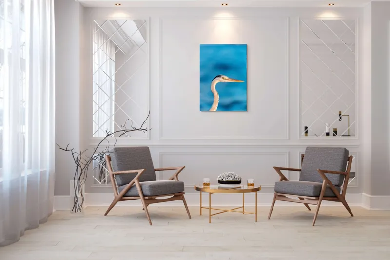Tablou Canvas, "Privirea grațioasă a stârcului albastru", Pasăre, Albastru, Cioc, Apă, Cer, Eleganță, Natură, 70 x 100 cm – poza 8