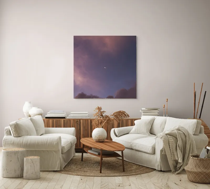 Tablou Canvas, "Luna răsare printre nori rozalii", Cerc, Nor, Amurg, Lumină, Cer, Pastel, Tranquilitate, Înserare, 100 x 100 cm – poza 3