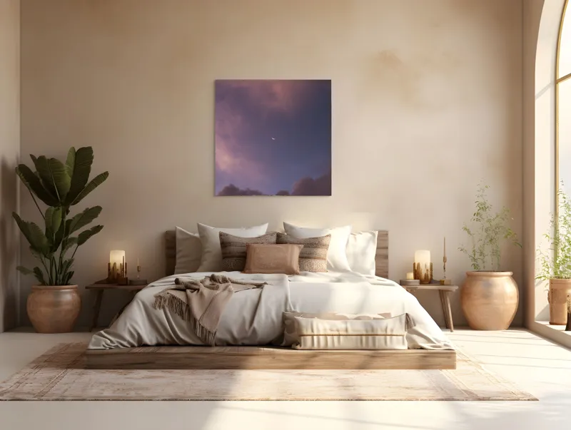Tablou Canvas, "Luna răsare printre nori rozalii", Cerc, Nor, Amurg, Lumină, Cer, Pastel, Tranquilitate, Înserare, 100 x 100 cm – poza 4