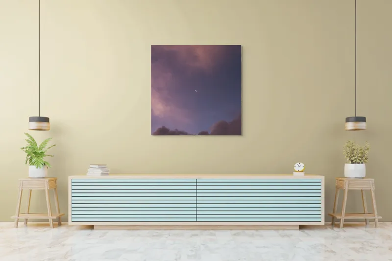 Tablou Canvas, "Luna răsare printre nori rozalii", Cerc, Nor, Amurg, Lumină, Cer, Pastel, Tranquilitate, Înserare, 100 x 100 cm – poza 5