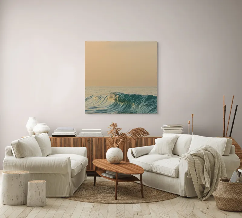 Tablou Canvas, "Valurile dimineții pe mare liniștită", Ocean, Valuri, Apus, Liniște, Reflexie, Horizon, Natură, 100 x 100 cm – poza 3