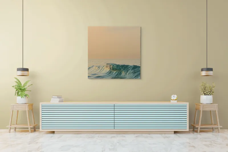 Tablou Canvas, "Valurile dimineții pe mare liniștită", Ocean, Valuri, Apus, Liniște, Reflexie, Horizon, Natură, 100 x 100 cm – poza 5