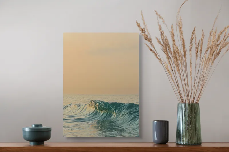 Tablou Canvas, "Valurile dimineții pe mare liniștită", Ocean, Valuri, Apus, Liniște, Reflexie, Horizon, Natură, 39 x 54 cm – poza 3