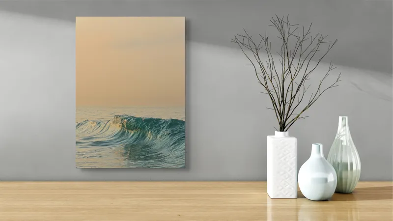 Tablou Canvas, "Valurile dimineții pe mare liniștită", Ocean, Valuri, Apus, Liniște, Reflexie, Horizon, Natură, 39 x 54 cm – poza 4