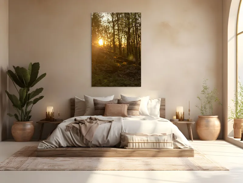 Tablou Canvas, "Apus luminând pădurea de primăvară", Apus, Copaci, Lumina, Pădure, Seară, Natură, Raze, Verdeață, 100 x 150 cm – poza 3