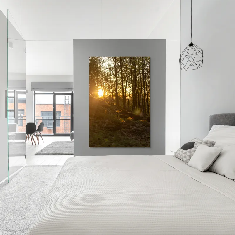Tablou Canvas, "Apus luminând pădurea de primăvară", Apus, Copaci, Lumina, Pădure, Seară, Natură, Raze, Verdeață, 100 x 150 cm – poza 5