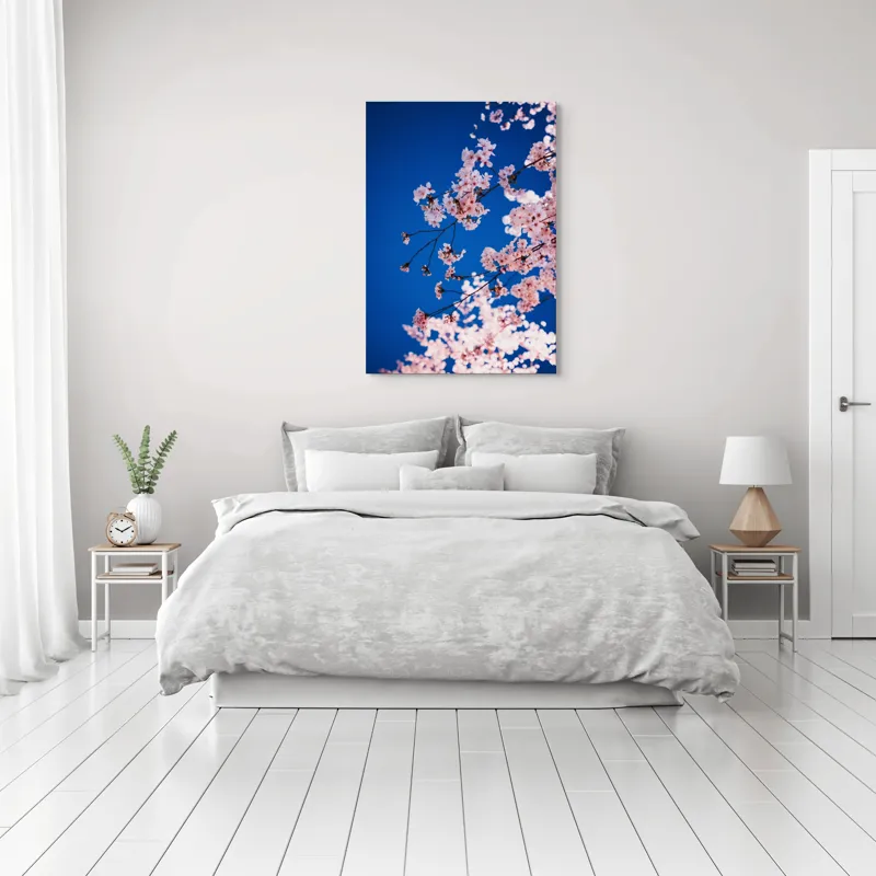 Tablou Canvas, "Flori de cireș sub cer senin", Flori, Roz, Cer, Albastru, Primăvară, Ramuri, Delicatețe, Natură, Frumusețe, Lumină, 70 x 100 cm – poza 3