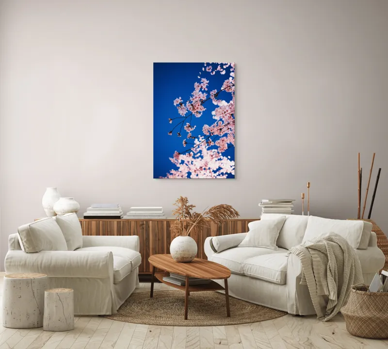 Tablou Canvas, "Flori de cireș sub cer senin", Flori, Roz, Cer, Albastru, Primăvară, Ramuri, Delicatețe, Natură, Frumusețe, Lumină, 70 x 100 cm – poza 4