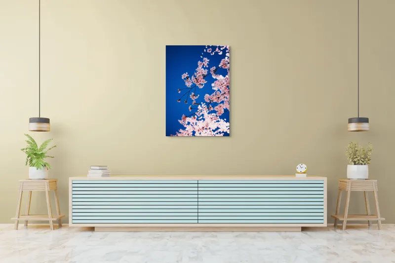 Tablou Canvas, "Flori de cireș sub cer senin", Flori, Roz, Cer, Albastru, Primăvară, Ramuri, Delicatețe, Natură, Frumusețe, Lumină, 70 x 100 cm – poza 5