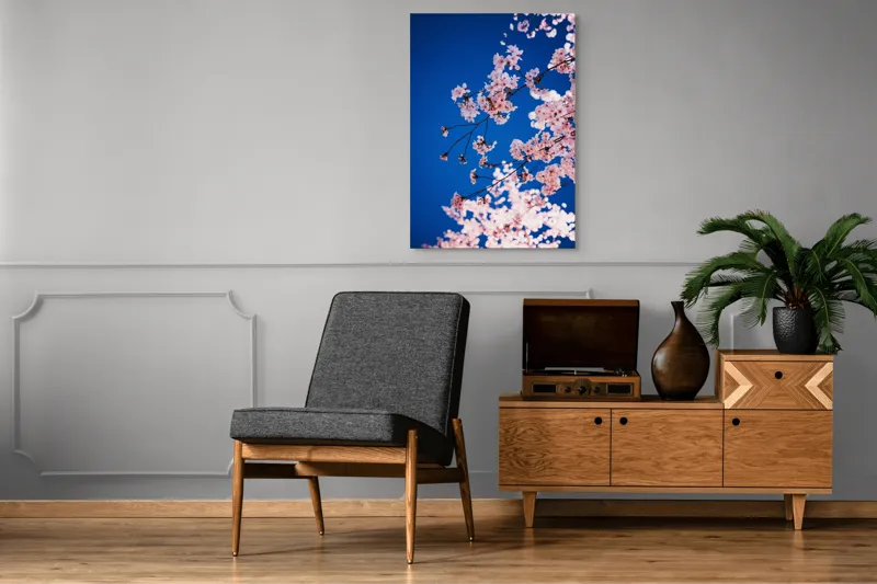 Tablou Canvas, "Flori de cireș sub cer senin", Flori, Roz, Cer, Albastru, Primăvară, Ramuri, Delicatețe, Natură, Frumusețe, Lumină, 70 x 100 cm – poza 6