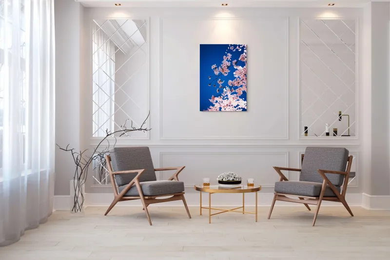 Tablou Canvas, "Flori de cireș sub cer senin", Flori, Roz, Cer, Albastru, Primăvară, Ramuri, Delicatețe, Natură, Frumusețe, Lumină, 70 x 100 cm – poza 8