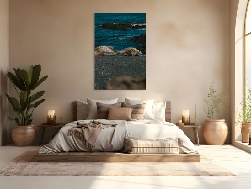 Tablou Canvas, "Țestoase odihnindu-se pe plajă neagră", Broască-Țestoasă, Plajă, Ocean, Stânci, Nisip, Apus, Relaxare, Natură, 100 x 150 cm – poza 3