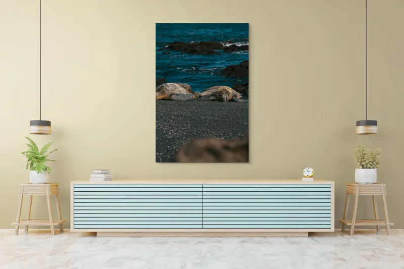 Tablou Canvas, "Țestoase odihnindu-se pe plajă neagră", Broască-Țestoasă, Plajă, Ocean, Stânci, Nisip, Apus, Relaxare, Natură, 100 x 150 cm – poza 4