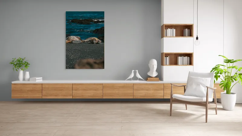 Tablou Canvas, "Țestoase odihnindu-se pe plajă neagră", Broască-Țestoasă, Plajă, Ocean, Stânci, Nisip, Apus, Relaxare, Natură, 100 x 150 cm – poza 8