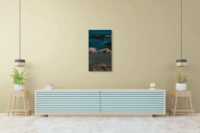 Tablou Canvas, "Țestoase odihnindu-se pe plajă neagră", Broască-Țestoasă, Plajă, Ocean, Stânci, Nisip, Apus, Relaxare, Natură, 50 x 90 cm – poza 6