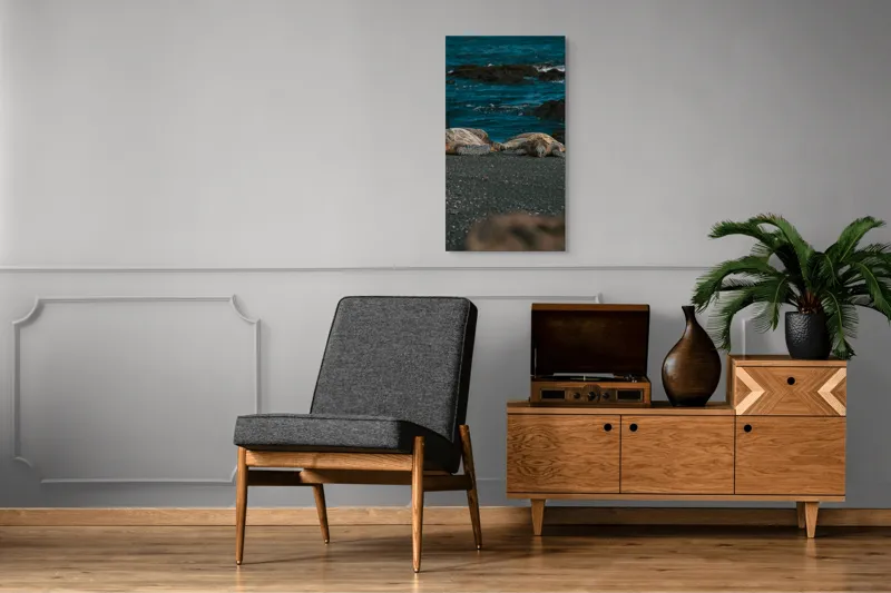 Tablou Canvas, "Țestoase odihnindu-se pe plajă neagră", Broască-Țestoasă, Plajă, Ocean, Stânci, Nisip, Apus, Relaxare, Natură, 50 x 90 cm – poza 8