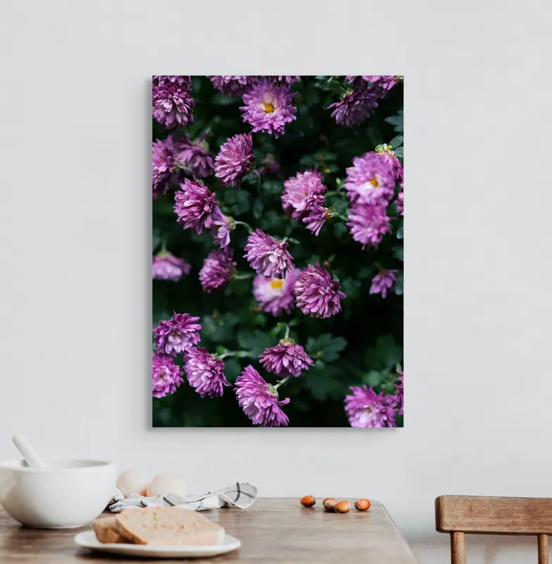 Tablou Canvas, "Flori de toamnă în grădinăraie.", Flori, Mov, Delicate, Frunziș, Abundență, Natură, Prospețime, Grădină, Petale, Verde., 50 x 70 cm – poza 3